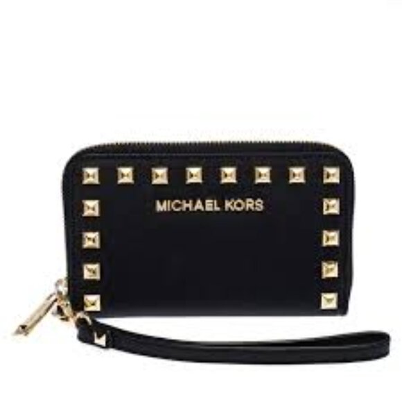 Michael Kors Black Saffiano Leather Studded Selma Wristlet Wallet - Picture 1 of 8